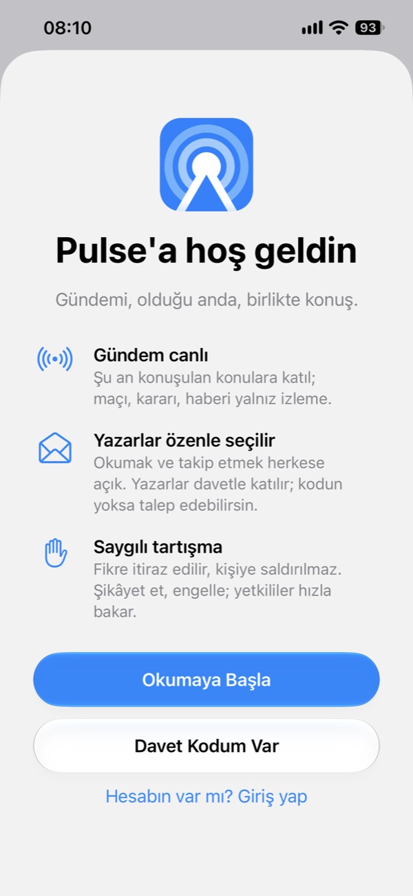 Pulse'a hoş geldin ekranı
